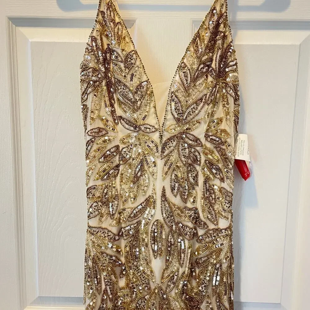 New! Mac Duggal Golden Godess Crystal Lace Trumpet Evening Gown Sz 14 NWT $698 - Picture 6 of 8